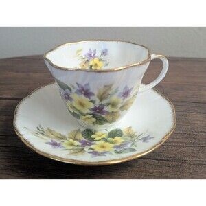 Regal Heritage England Bone China Tea Cup & Saucer Pink & Purple Rose Gold Rim